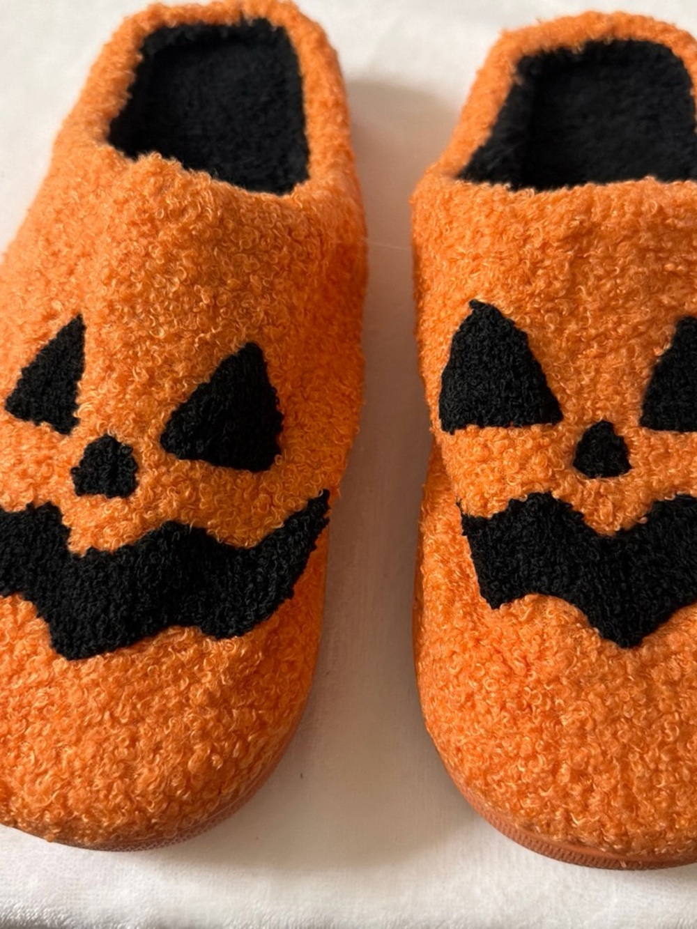 Women's Orange Pumpkin Face Fuzzy Slip-On Slippers